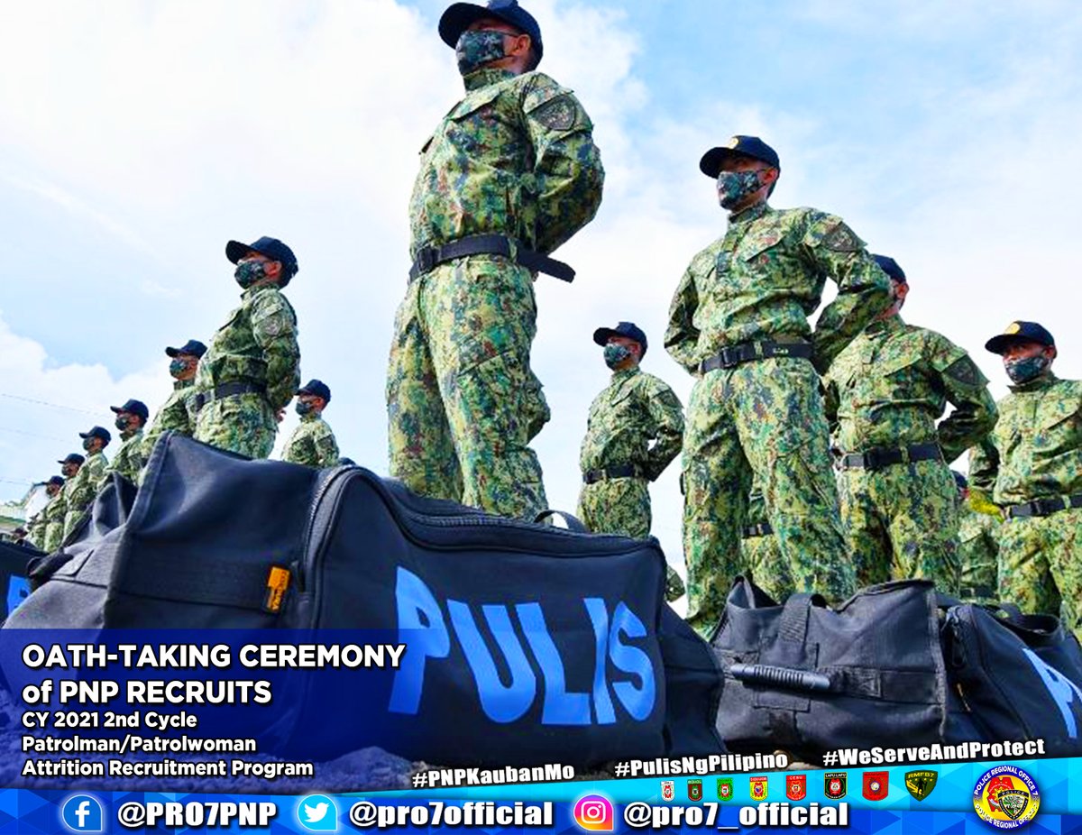 pro7official's tweet photo. Oath-Taking Ceremony of PNP Recruits CY 2021 2nd Cycle Patrolman/Patrolwoman  Attrition Recruitment Program with PBGEN ROQUE EDUARDO DP VEGA, Regional Director, PRO7 as the Guest of Honor and Speaker 
#TeamPNP
#PulisNgPilipino
#PNPKaubanMo
#WeServeAndProtect https://t.co/BdPbuvwpOM