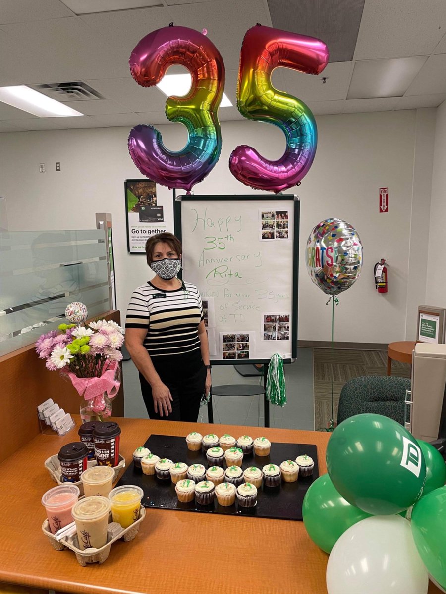 Marlyesesimms's tweet photo. #HappyTDanniversary #Rita35yearsatTD  Big congratulations to Rita at 5770 Marystown on 35 wonderful years of service. You go above and beyond every day. Thank you!! ⁦@rmccarthy61⁩ ⁦@MuirChris_TD⁩ ⁦@JennAuld⁩ ⁦@kayla_power⁩ https://t.co/5GpqWwYgwQ