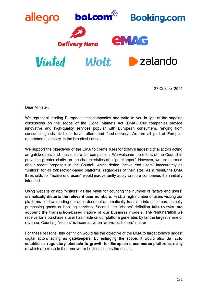 BertuzLuca's tweet photo. Online marketplaces like @Zalando &amp; @bookingcomPA have sent a letter to the EU economy ministers urging them to reconsider the #DMA definition of active end users. Instead of simply 'visitors', the definition of users should consider the business model of intermediation services. https://t.co/sZwZQNMyEM