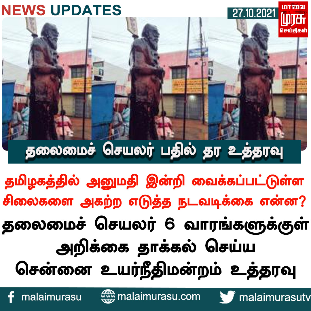 MalaimurasuTv's tweet photo. தலைமைச் செயலர் பதில் தர உத்தரவு
#highcourt #court #order #staue #inroad #withoutpermission  #india #government #indiagovernment #tnnews  #tamilnadu #indianews #malaimurasu #MMtv https://t.co/9resxOSU4F