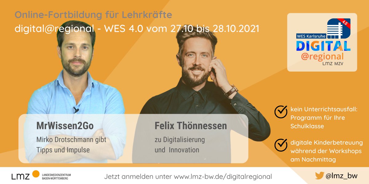 lmz_bw's tweet photo. 3️⃣2️⃣1️⃣Countdown läuft, 13:00 Uhr geht es los 🚀
Man kann noch mit einsteigen: Mail an 📧 kurse@lmz-bw.de 😃
@wes4_0 - #Fortbildung für #Lehrkräfte aller Schularten mit @MrWissen2Go und @fthoennessen.
👉https://t.co/FUOcf6gY3W
#digitalregional #twlz #edubw #unterricht https://t.co/YszIrCjjqS