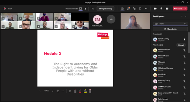 HelpAge International Jordan has facilitated an online training to different humanitarian actors on the “The right to autonomy and independent living for older people with/without disabilities”.  #HelpAge_International #Jordan #ToT