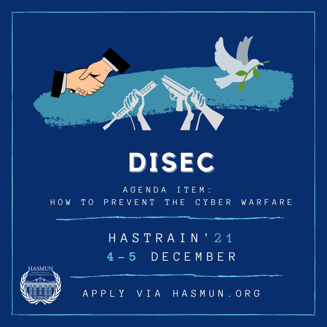 hasmunclub's tweet photo. Greetings, HASMUN Family! We are delighted to present our first committee, which is one of the most important and central bodies of the United Nations, the Disarmament and International Security Committee (DISEC). https://t.co/cBuahUC3c1