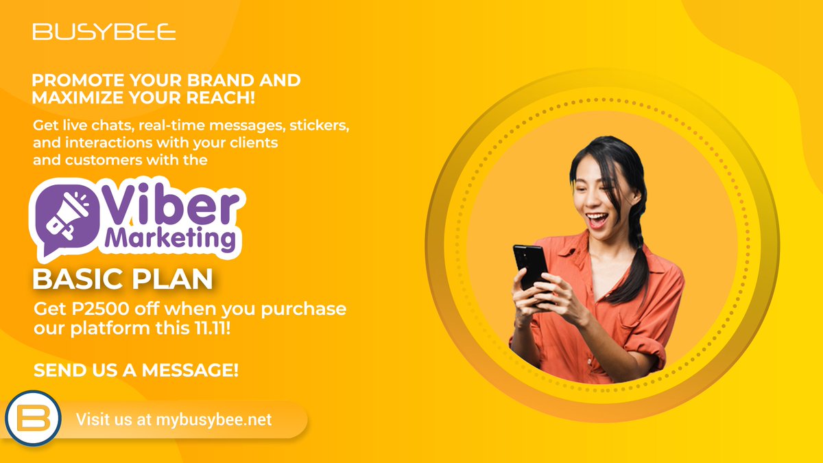 mybusybeeph's tweet photo. GET P2,500 OFF OF YOUR VIBER MARKETING PLAN THIS 11.11!

Maximize your reach and profit through our Viber Marketing platform!

Send us a message!

#ViberMarketing #Digital #Marketing #WebsiteDevelopment https://t.co/Ie1mY8gaTh