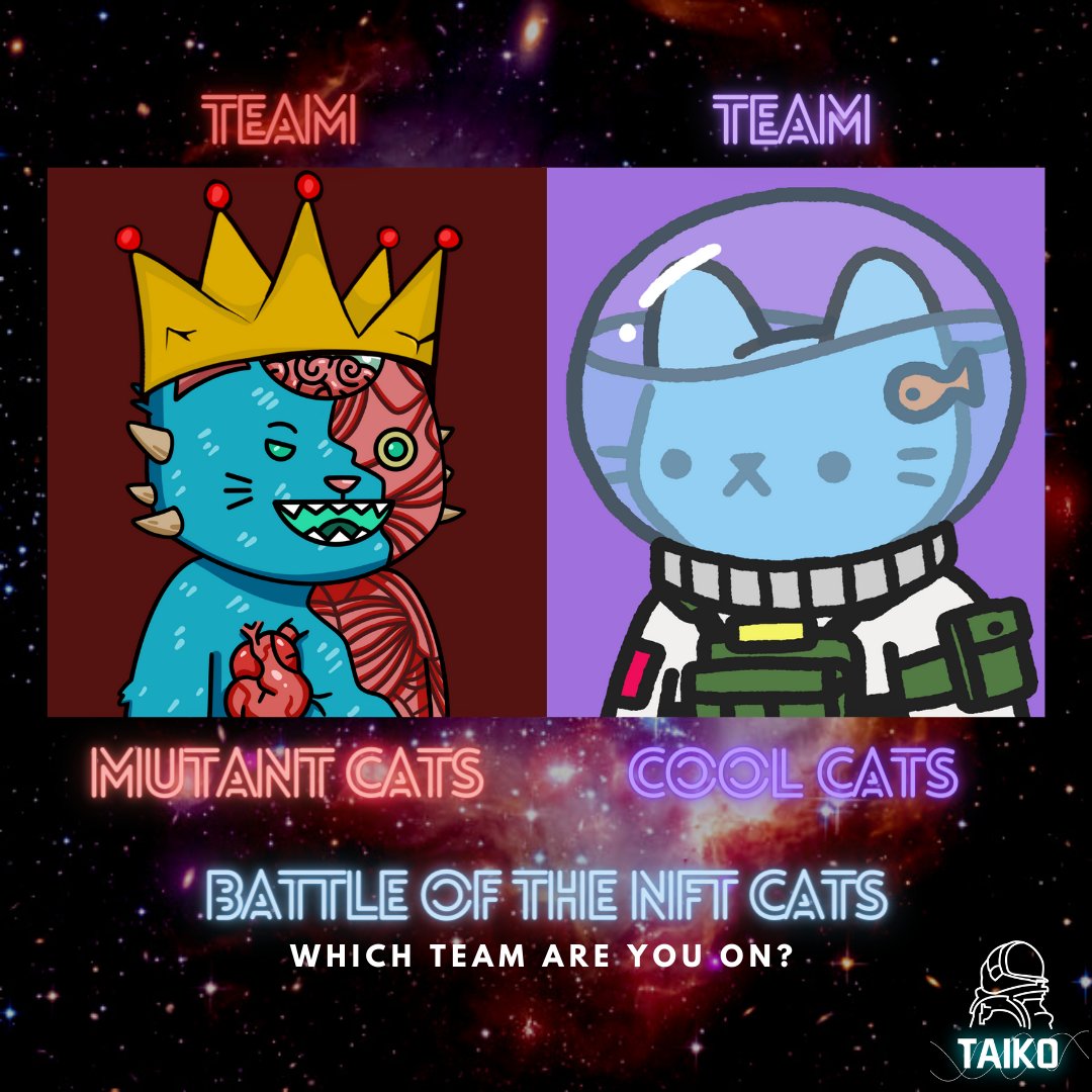 Team 🔴 or Team 🟣? 

#TaikoNFT #NFTs #NFT #NFTArt #NFTArtists #NFTCollectors #OpenSea #NFTCats #MutantCats #CoolCats