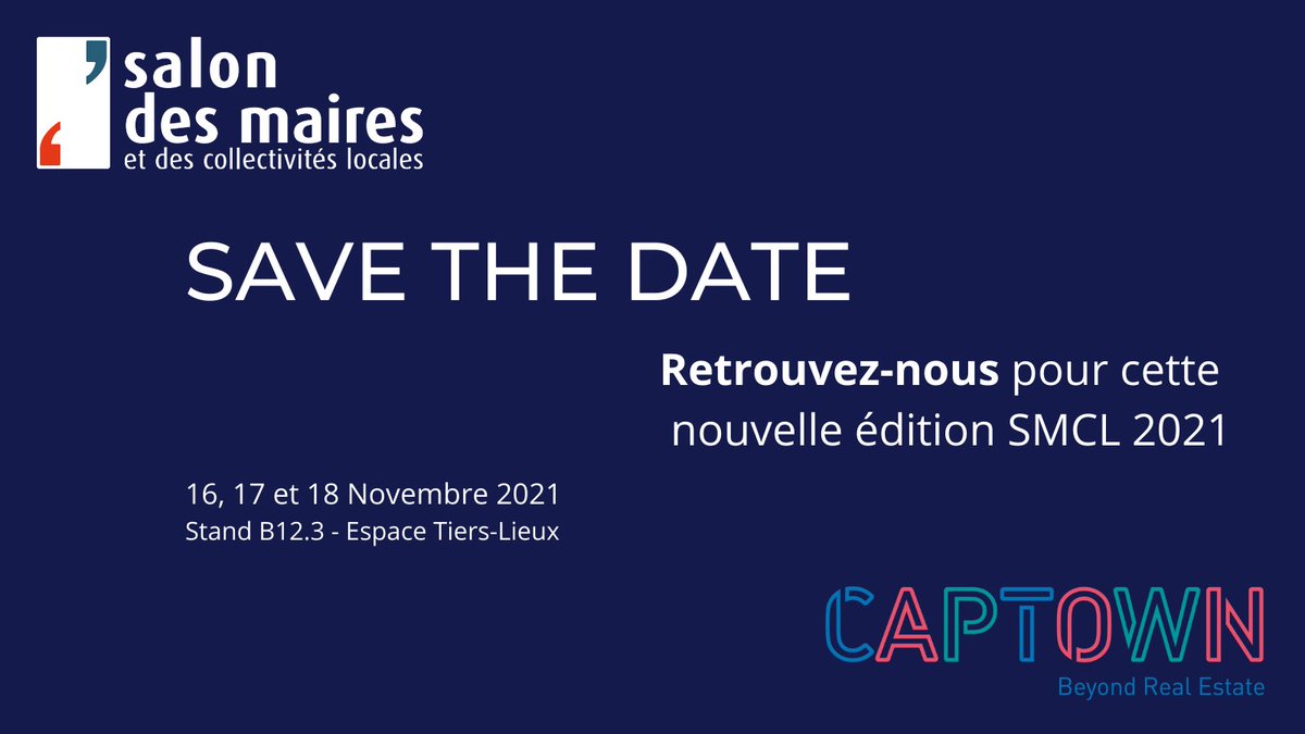 captown08's tweet photo. SAVE THE DATE
16-18 novembre 21
Retrouvez-nous à l’espace #tierslieux avec @salondesmaires @SINNYOOKO @ENCOREHlab @eticFR https://t.co/6DUk4KTolC
