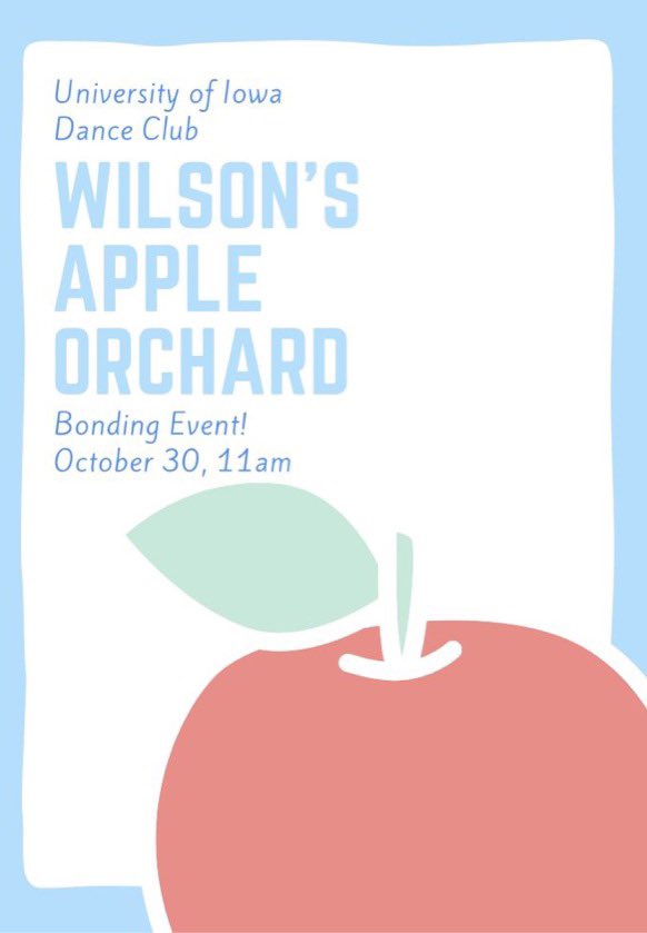 UIowaDanceClub's tweet photo. Come join us this Saturday, October 30th, at Wilson’s Apple Orchard at 11am for our first club social event of the year!

Let your captains know if you need a ride or are willing to give rides to other members. We can’t wait to see you all there! 🍎🍁 https://t.co/TrttFrXZj4