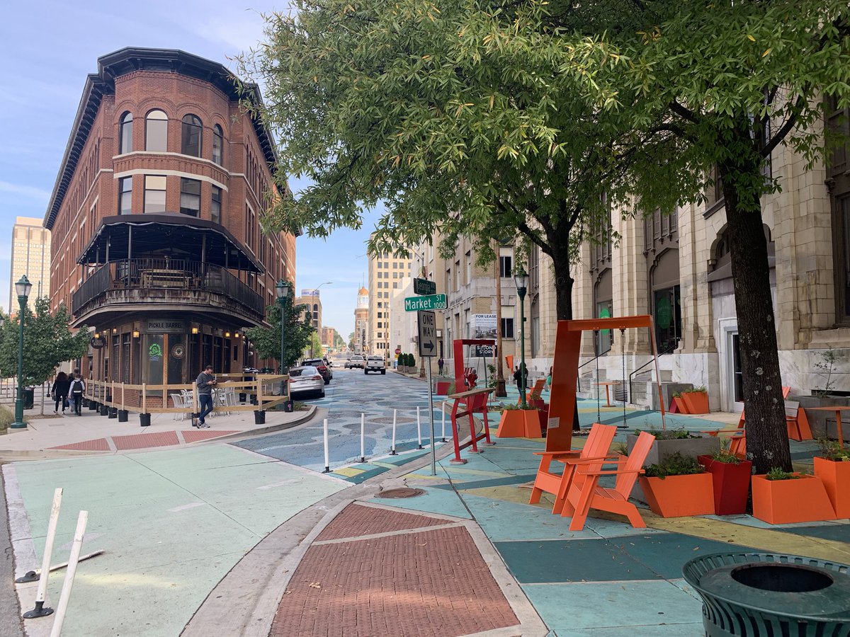 Great #publicspace activation in @DowntownCHA love seeing products from #Kalamazoo company #landscapeforms in my travels. #placemaking #urbanism
