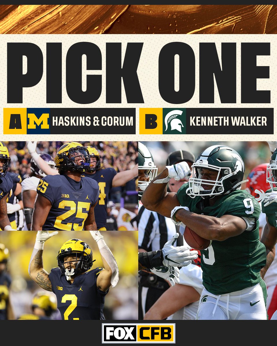 Would you rather have <a href="/UMichFootball/">Michigan Football</a>'s 1-2 punch of <a href="/H2_3125/">Hassan Haskins</a> and <a href="/blake_corum/">#2⃣BeSavage</a> or <a href="/MSU_Football/">Michigan State Football</a>'s Heisman contender <a href="/Kenneth_Walker9/">𝒦ℰ𝒩𝒩ℰ𝒯ℋ 𝒲𝒜ℒ𝒦ℰℛ ℐℐℐ🤍</a>? 🤔
