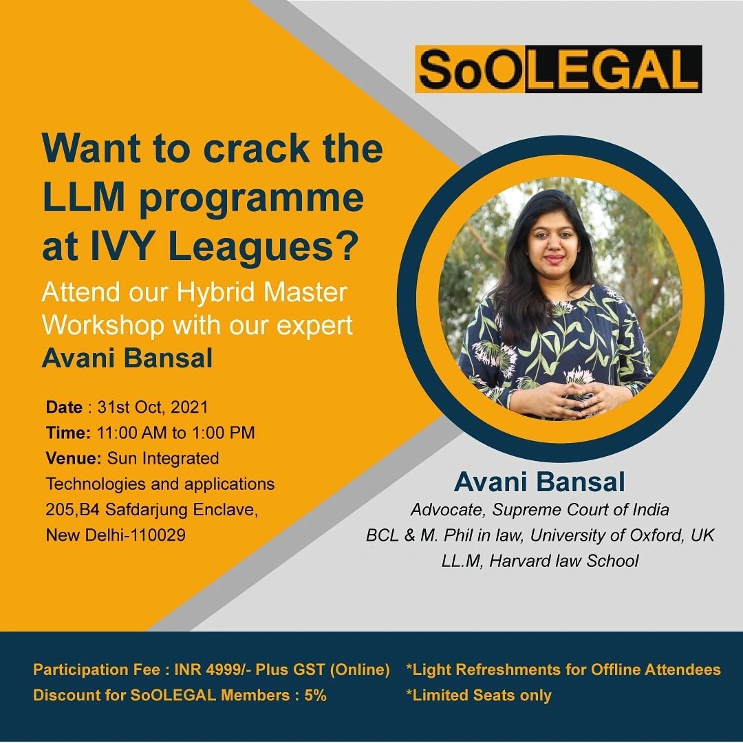 bansalavani's tweet image. Master Workshop On Ivy League Applications

31st October, 11 AM to 1 PM.

If interested, check out and apply here : 
soolegal.com/hybrid-master-…

Option to attend both Online and In Person.

#LLM 
#MastersCourse
#HigherEducation
#CareerGuidance