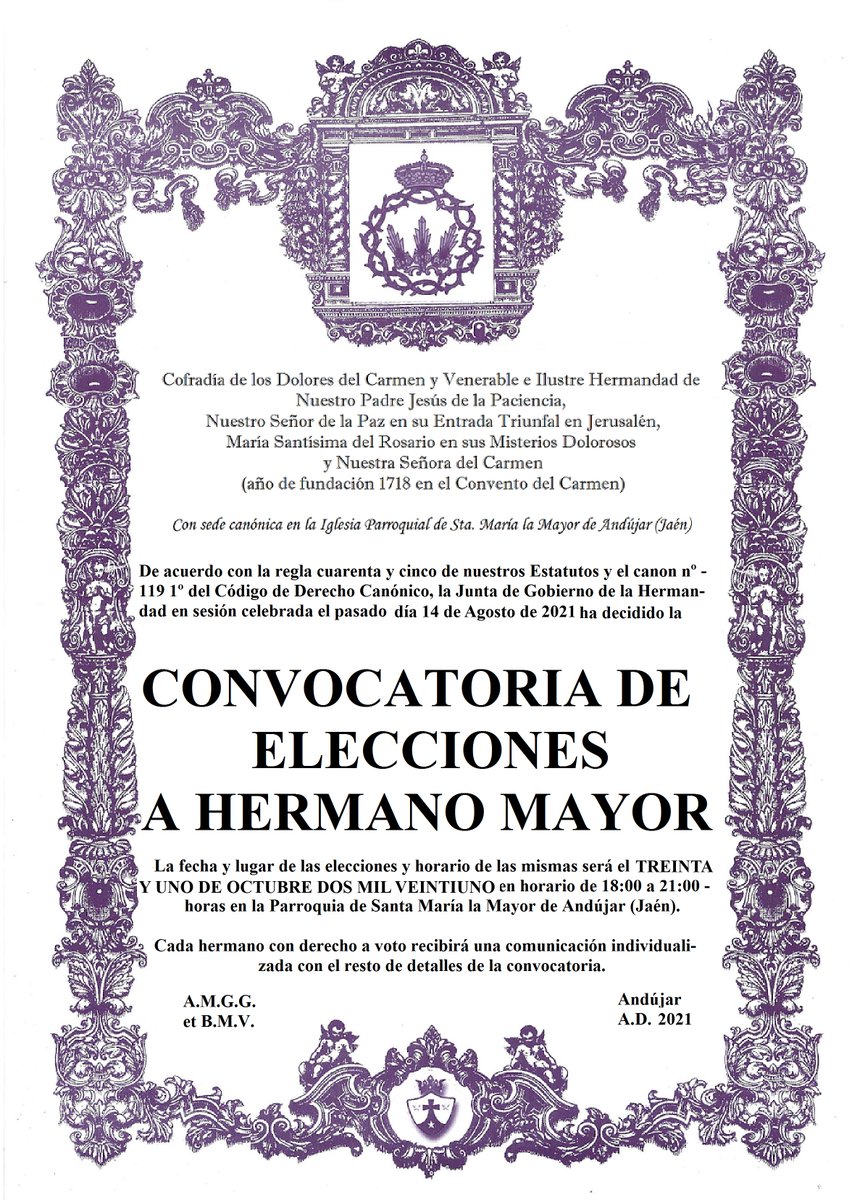 El próximo domingo 31 de octubre entre las 18:00 y las 21:00 horas tendrá lugar las ELECCIONES A HERMANO MAYOR de la <a href="/PacienciaHdad/">Hermandad Paciencia</a>  en la Parroquia de Santa María la Mayor de Andújar. 
Esperamos la mayor asistencia de los hermanos.