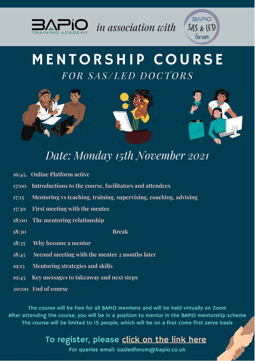 BapioSAS_LED's tweet photo. We’re proud to announce that spaces are now open to register for our Mentorship Course.

If you would like to mentor a SAS/LED doctor please register using the following link: https://t.co/CF4I5CDjzR 

There’s only 15 spaces so reserve your spot to avoid any disappointment ☺️ https://t.co/0IIO7RAIUf