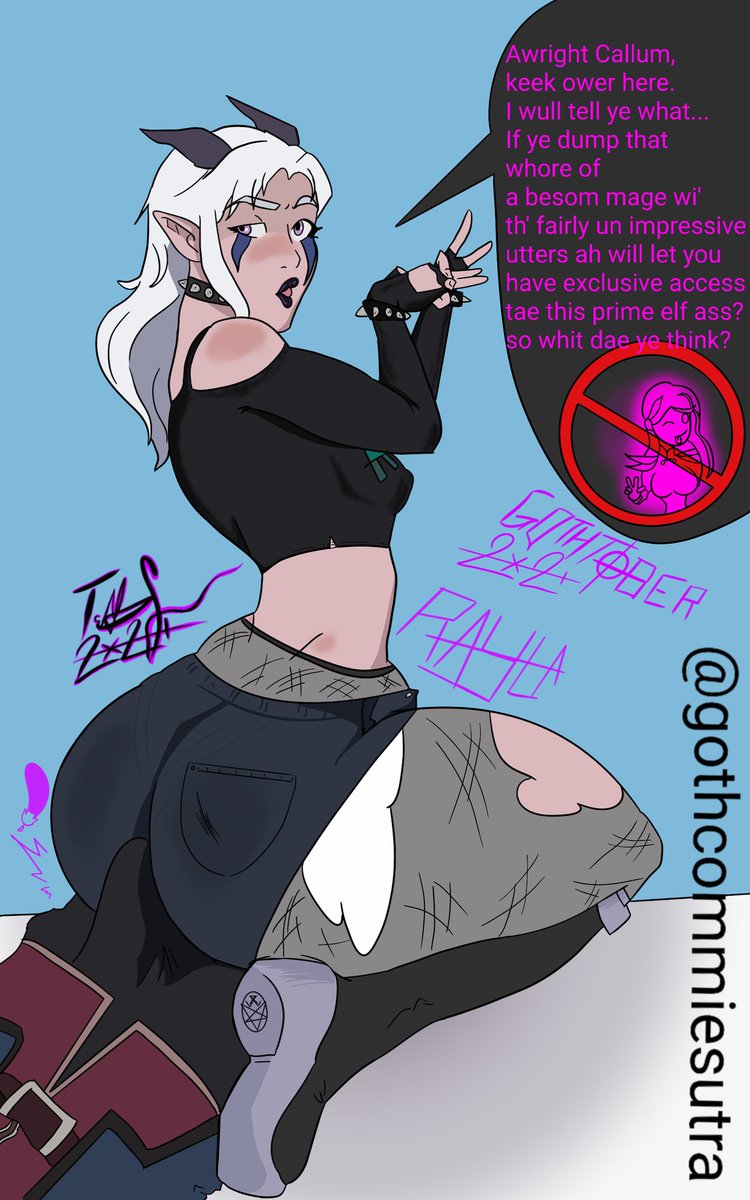 *Repost* Gothtober Rayla giving Callum an ULTIMATUM! 😉🤤 Prime *Goth* Tomboy Wish fulfilment 😘 🔥 😈 Fixed Font so it's readable 
Original: