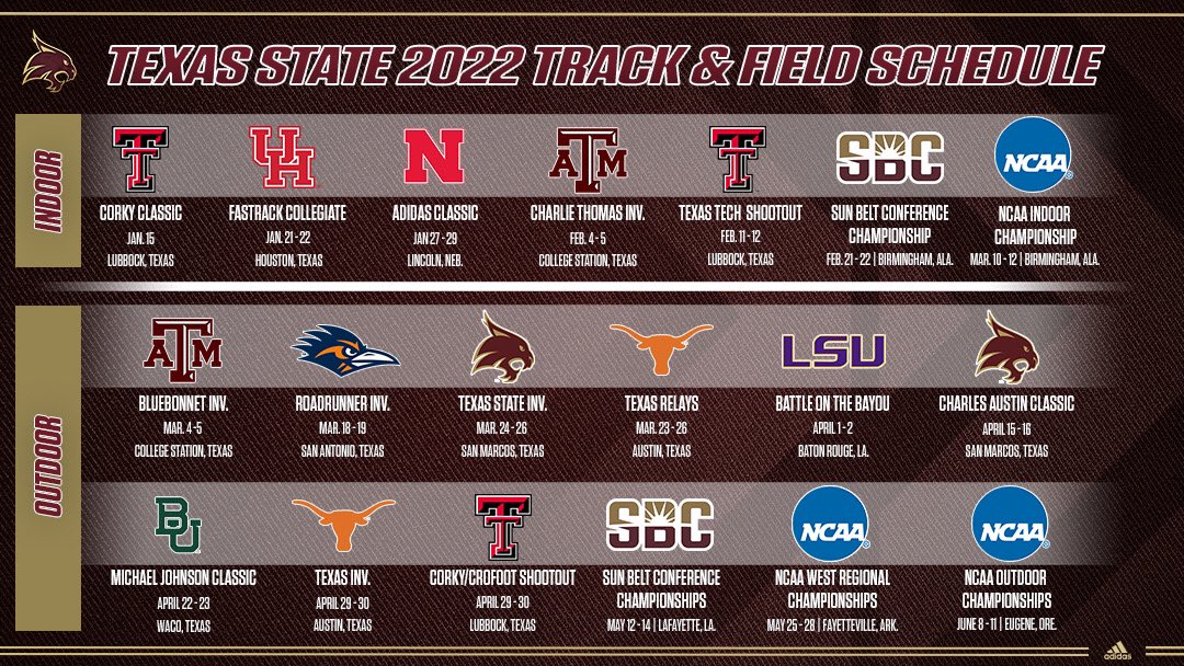 The 2022 Texas State Track and Field Schedule is HERE 🔥 

Click here for more information: txstatebobcats.com/sports/track-a…

#gobobcats #eatemup