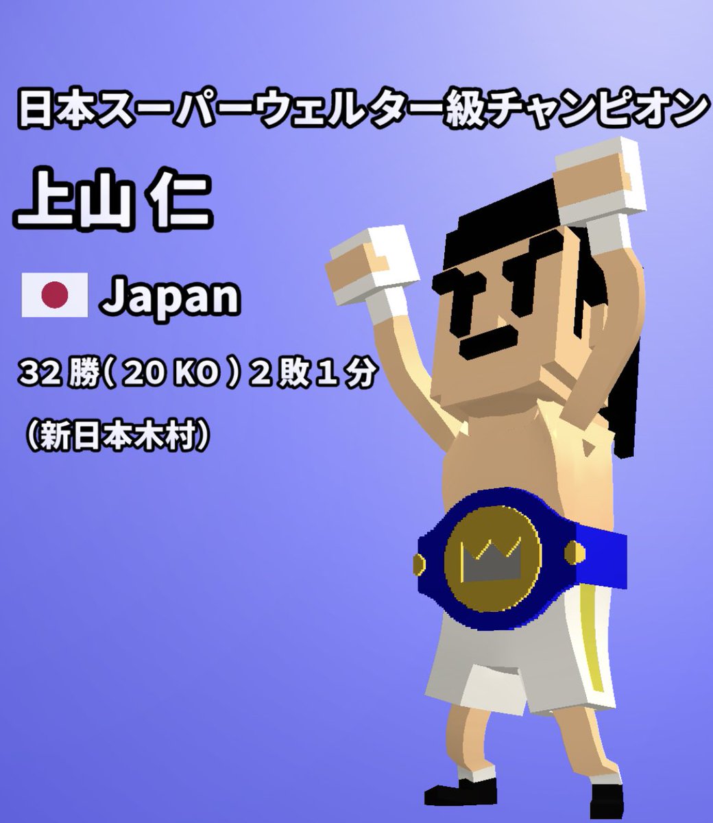 BureikouC's tweet photo. 上山 仁 選手

日本Jr.ミドル級チャンピオン

日本タイトルをなんと連続20度防衛。
しかもその間に敵地での世界タイトルマッチ挑戦、日本王者同士の対戦を行うなど90年代の国内ボクシングを盛り上げた選手です。

#ボクサー名鑑
#リスペクトボクサー https://t.co/FEK2sIZDgK