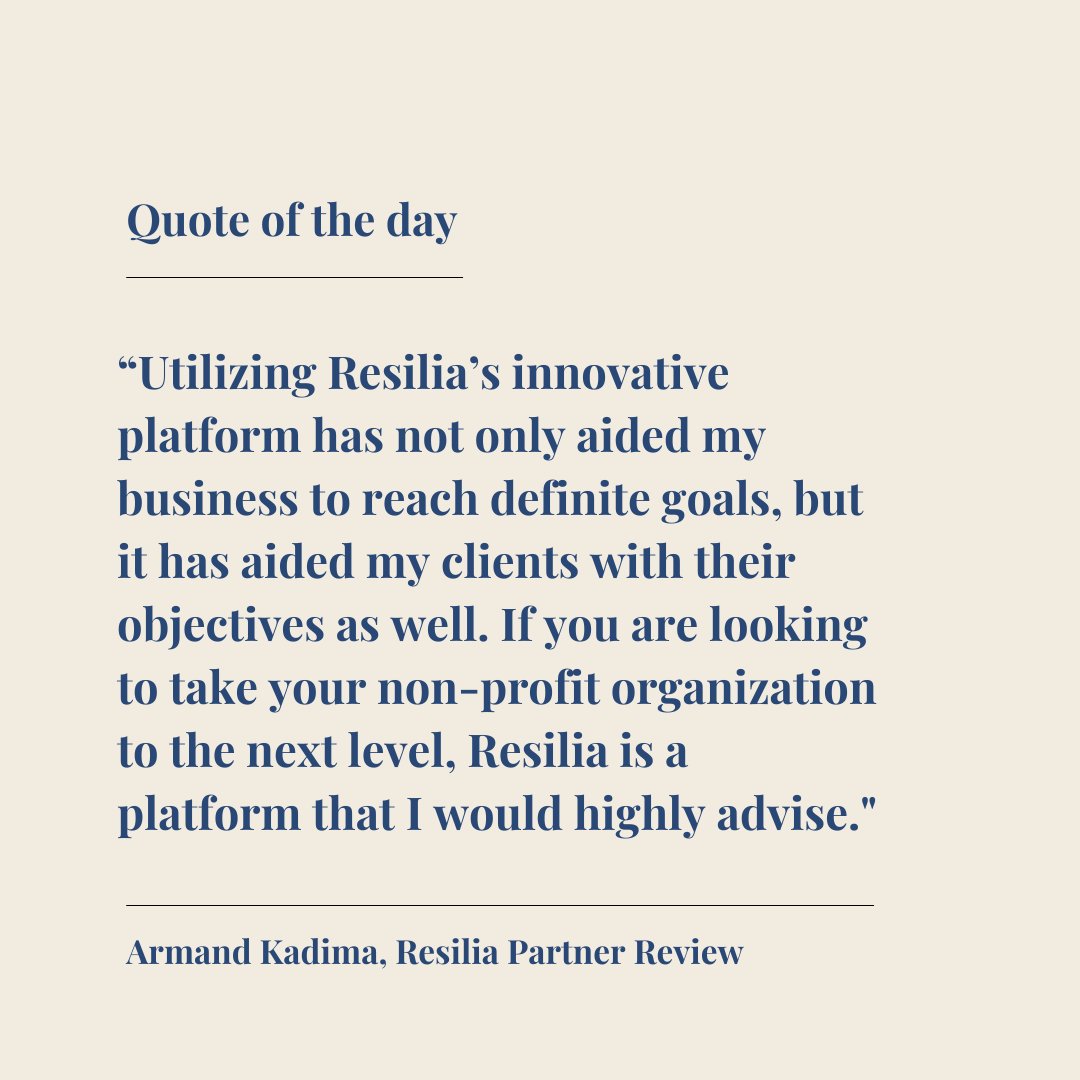 ResiliaCo's tweet photo. Nonprofits are unlocking their organization's next growth phase with Resilia's Nonprofit Platform. We thank Armand for sharing his kind words and invite you to visit https://t.co/P2MiJoz0vR to experience the platform's many benefits for yourself. #nonprofitformation #newnonprofit https://t.co/iAz8KttKGa