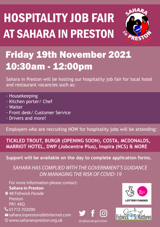 Hospitality Jobs Fair
🗓️Friday 19th November
🕥10.30am - 12.00pm
📌Sahara in Preston <a href="/saharainpreston/">Sahara Project Ltd</a>, 48 Fishwick Parade
👉saharainpreston.org.uk
Local Hospitality Jobs Fair with Jobs on Offer such as Customer Service, Drivers, Porters, Housekeeping and much more.