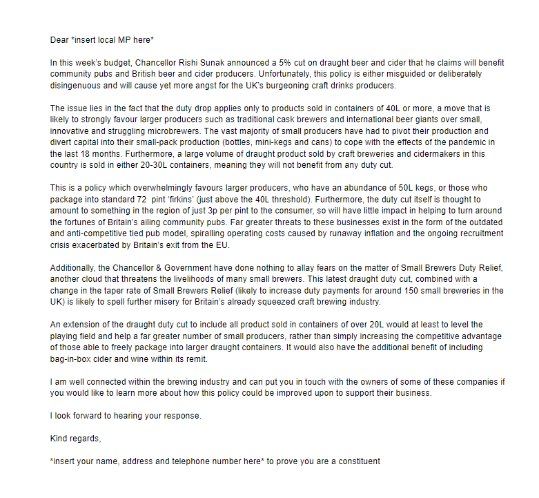 BeesonOnBooze's tweet photo. Following on from #Budget21 & the news of @RishiSunak's 5% Draught Duty Cut on #Beer & #Cider, I've pulled together a template you can send to your MP to tell them why the cut NEEDS to apply to containers of >20L to benefit all UK small drinks producers.
https://t.co/s2A7wcAqsb https://t.co/NsdIpFvsdz