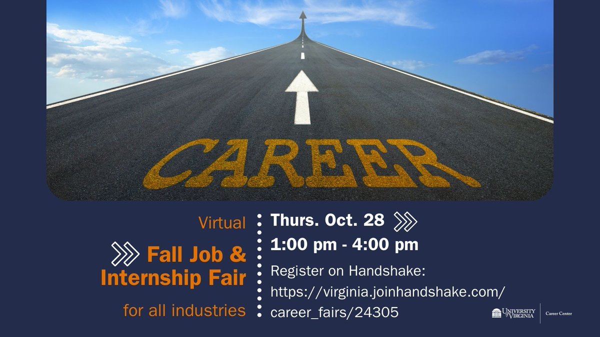 Today’s virtual Fall Job &amp; Internship Fair is for all industries! 
Fall Job &amp; Internship Fair for All Industries
Thurs., Oct. 28, 2021
1:00 pm – 4:00 pm
For more info and to register for 1:1 and group sessions:
virginia.joinhandshake.com/career_fairs/2…