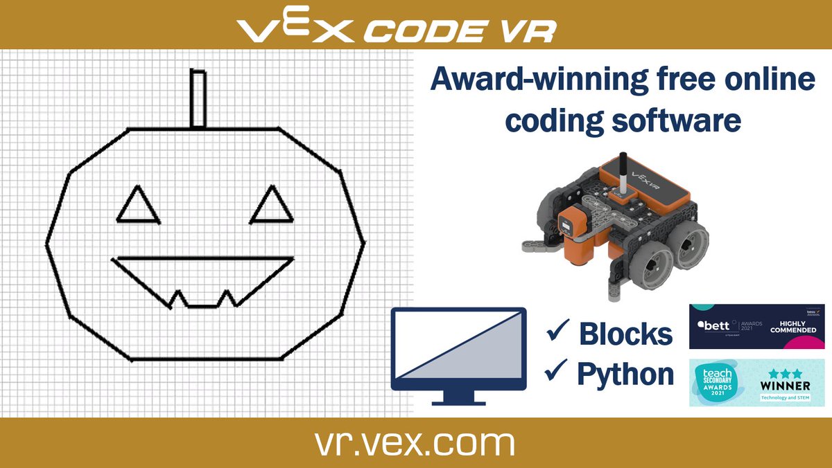 VEXRoboticsUK's tweet image. Can you code the #VEXcodeVR Robot to spooky pumpkin lantern? Try our free award-winning virtual robot coding software at vr.vex.com

Activity here 👇
docs.google.com/document/d/1b8…

#primarycomputing #secondarycomputing #STEMeducation