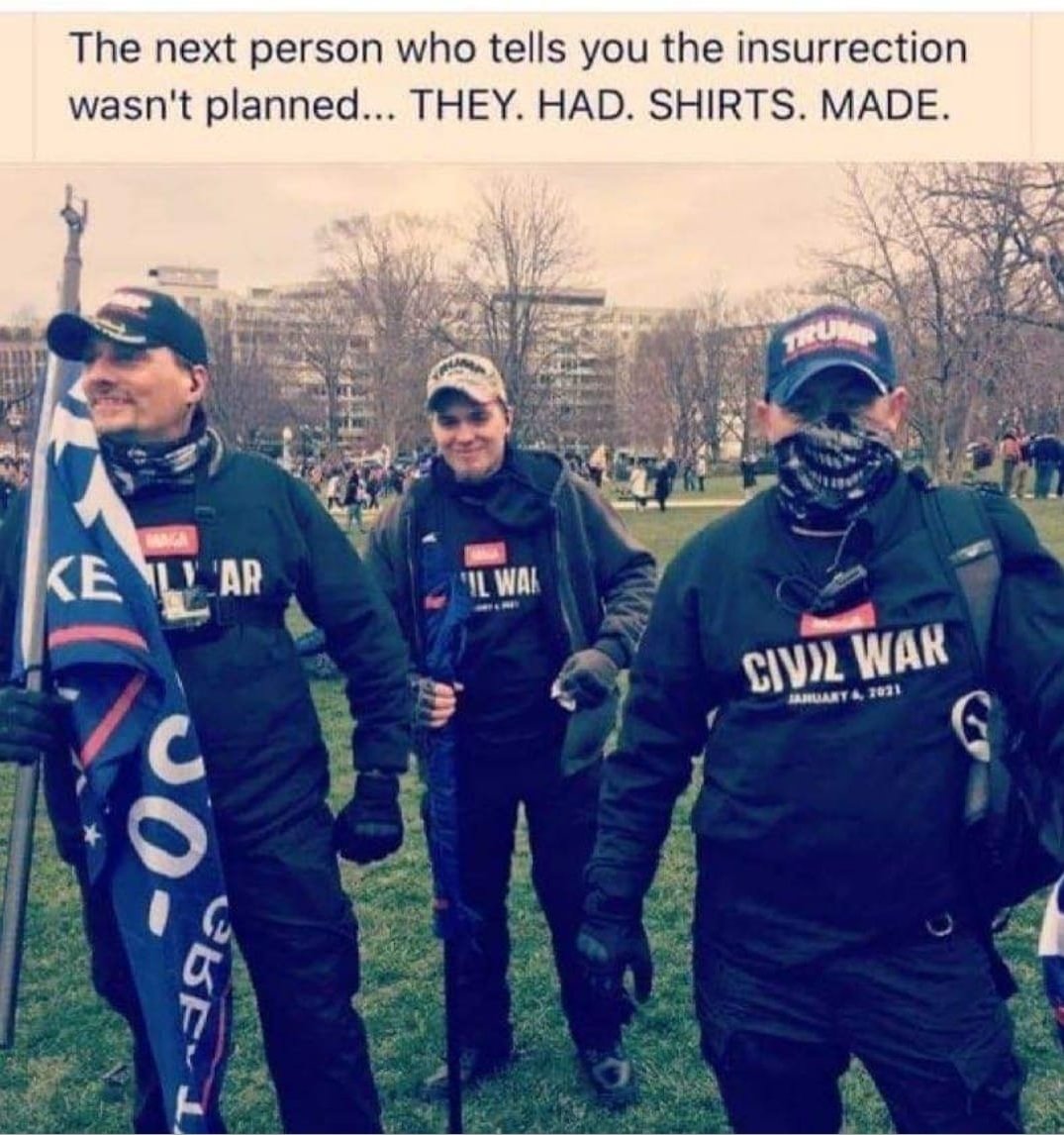 d1Vinman's tweet photo. If you brought bear spray, wore body armor and had t- shirts made up for the event proclaiming "Civil War" w/the date, January 6th...

THIS WASN'T JUST SPONTANEOUS TOURISM

It was a planned attack on our Capitol with the propose aforethought of overthrowing the democratic process https://t.co/Z2ngPfLDPp