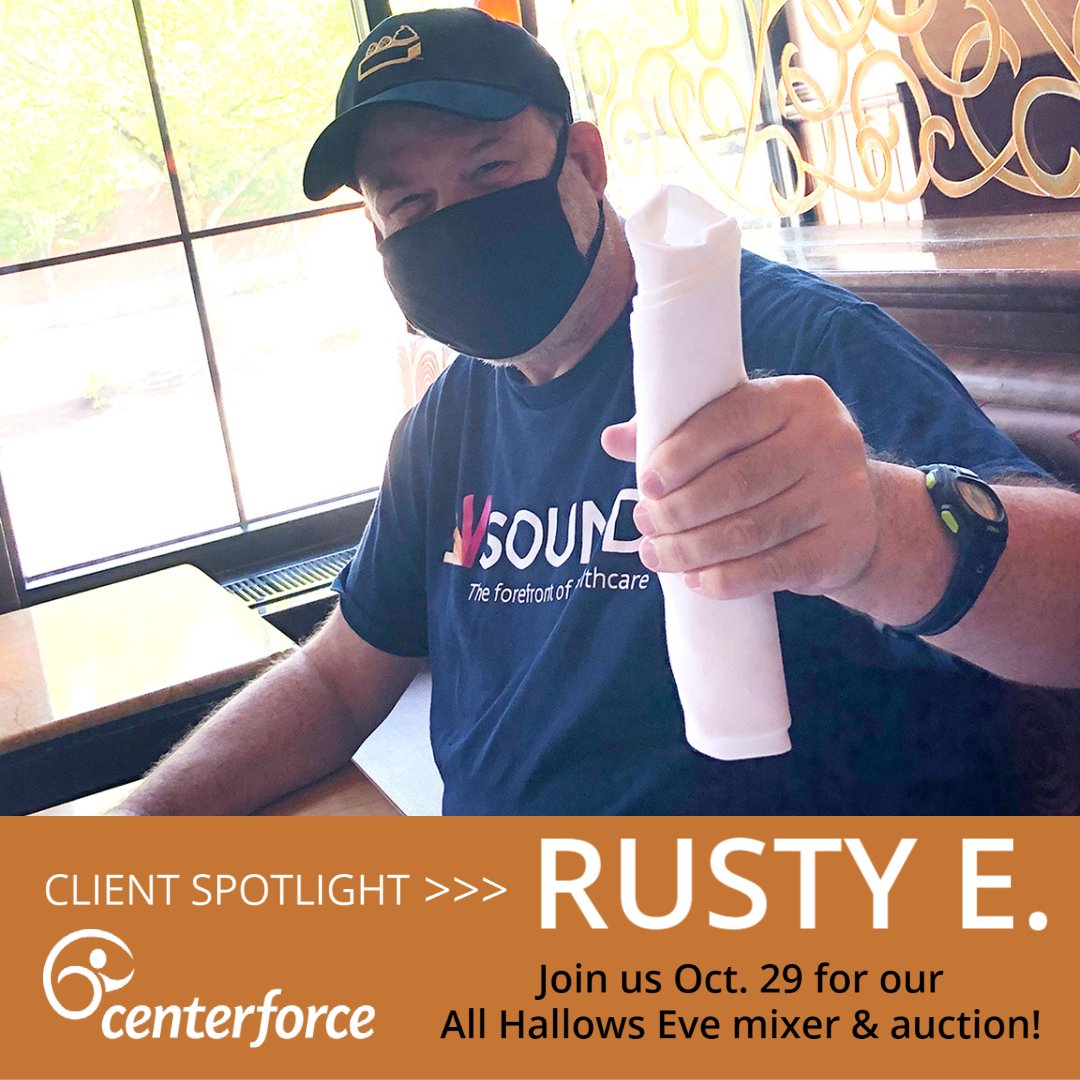 Centerforce_NP's tweet image. Client Rusty E. recently started his new job at  Southcenter's @thecheesecakefactory, where he rolls silverware. He was beyond excited to be returning to work after a layoff with a different employer, due to COVID. He's a dedicated and loyal employee. Event link in bio.