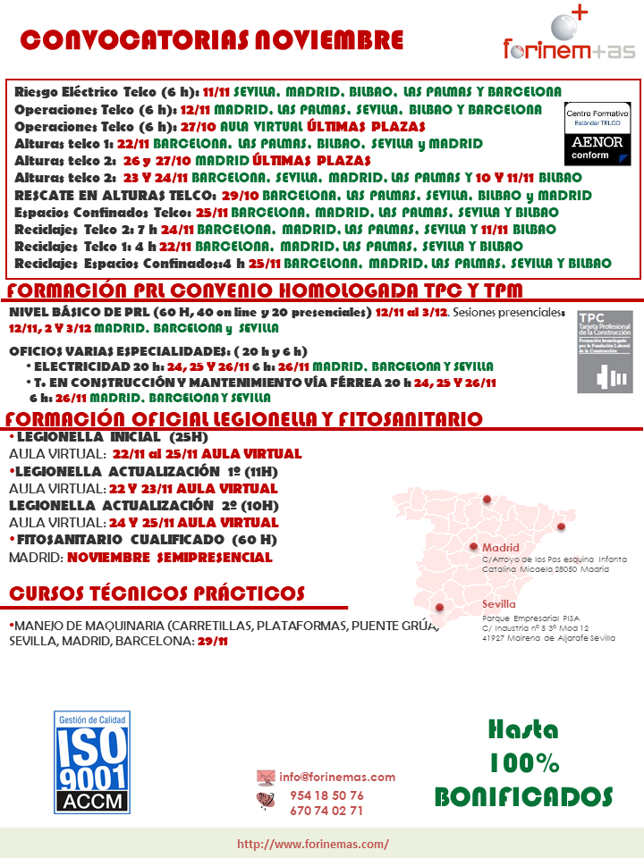FORINEMAS's tweet photo. Convocatoria Noviembre cursos en abierto TELCO, TPC/TPM, etc. Si quieres más información puedes contactar a través de seleccion1@forinemas.com, o en los teléfonos 954 18 50 76 o 672 256 831. https://t.co/PWJwViupMJ