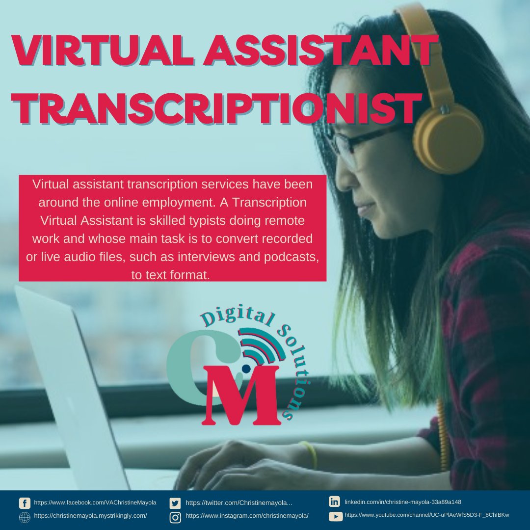Christinemayola's tweet photo. Did you know that one of the services a Virtual Assistant can offer is Transcription?🧑‍💻
Learn more
https://t.co/hCPSInyYDZ
https://t.co/bLnWS9EKtb

#Yourallinoneva #CMonlinesolutions #adminsupport #virtualassistantservices  #success #officemanagement  #productivity https://t.co/w1iURKXLqh