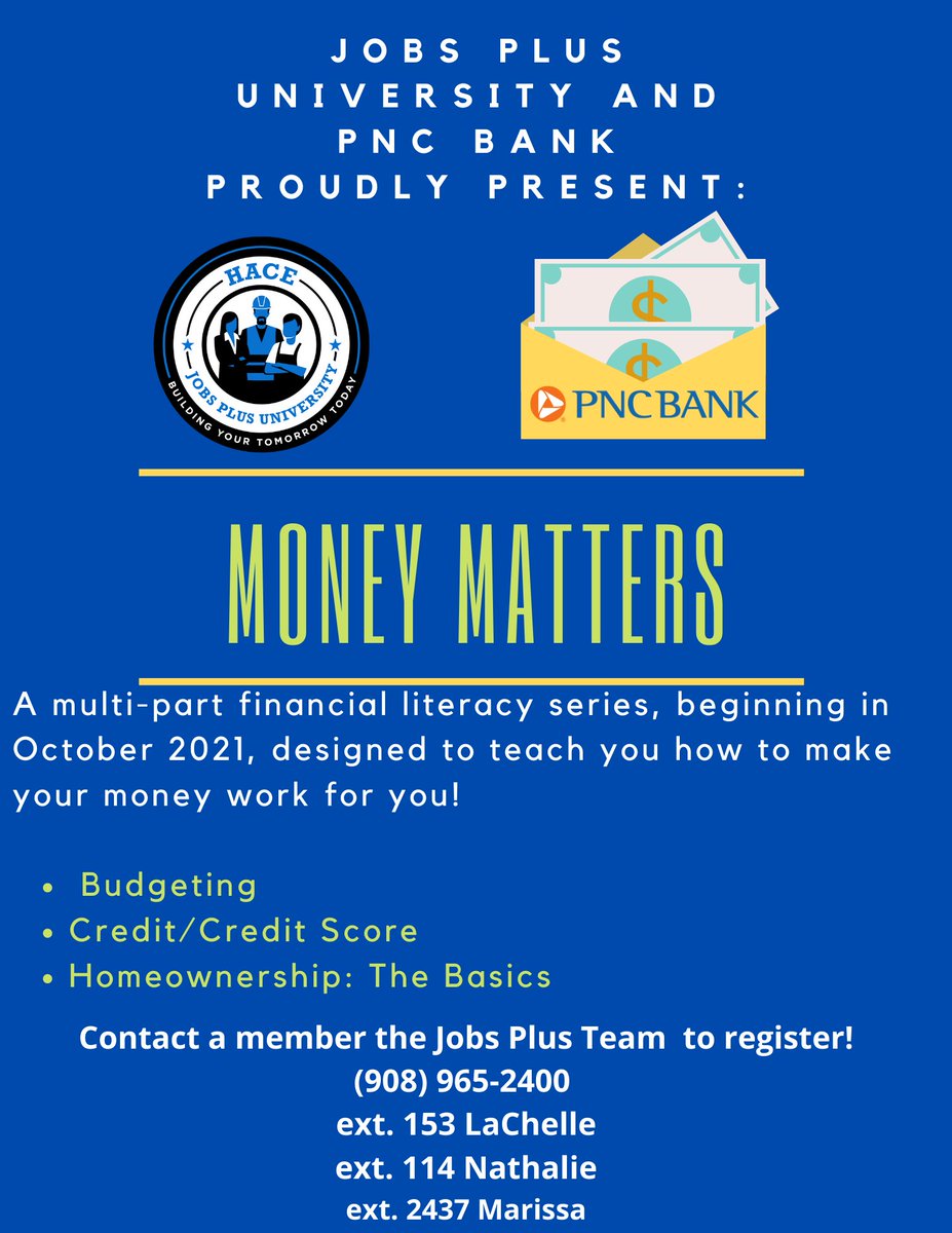 HACE_NJ's tweet photo. #MravlagManor residents, sign up for our "Money Matters" financial literacy series starting this week! 💰 Register at https://t.co/2lvh6cBIfq &amp; click Mravlag Manor Community Room. Questions: call 908-965-2400 
or email LThompson@hacenj.com @PNCBank #HACENJ #HACEJobsPlus #JobsPlus https://t.co/x19xdRjwXW