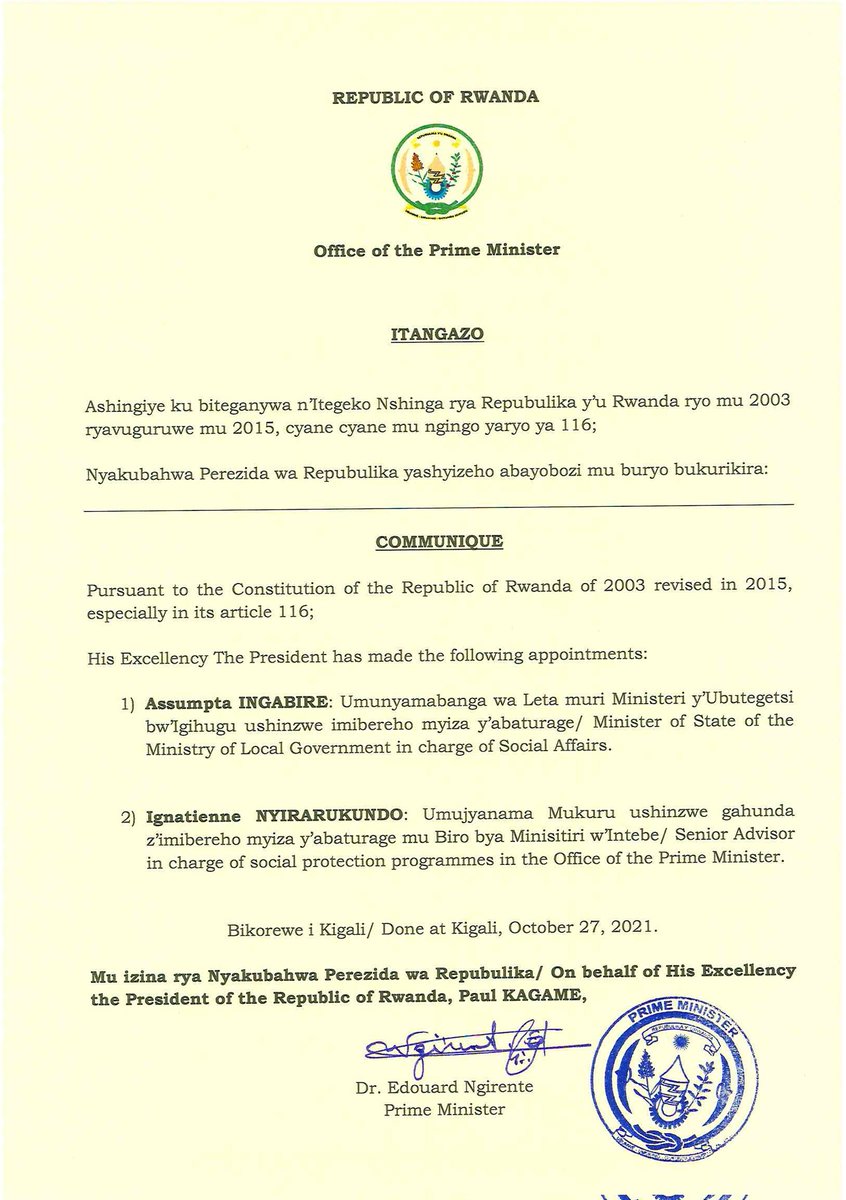 PrimatureRwanda's tweet image. Itangazo riturutse mu Biro bya Minisitiri w'Intebe | Communiqué from the Office of the Prime Minister