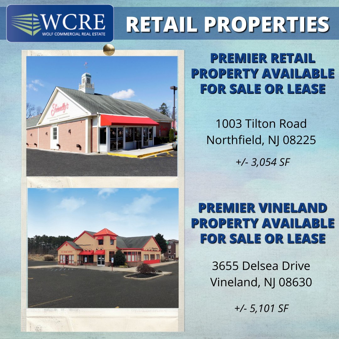 PREMIER RETAIL PROPERTIES AVAILABLE NOW!

1003 Tilton Road➡️wolfcre.com/listing/1003-t…

3655 Delsea Drive➡️wolfcre.com/listing/3655-s…

Contact Jason Wolf or Ryan Barikian for more information. 

#RetailProperties