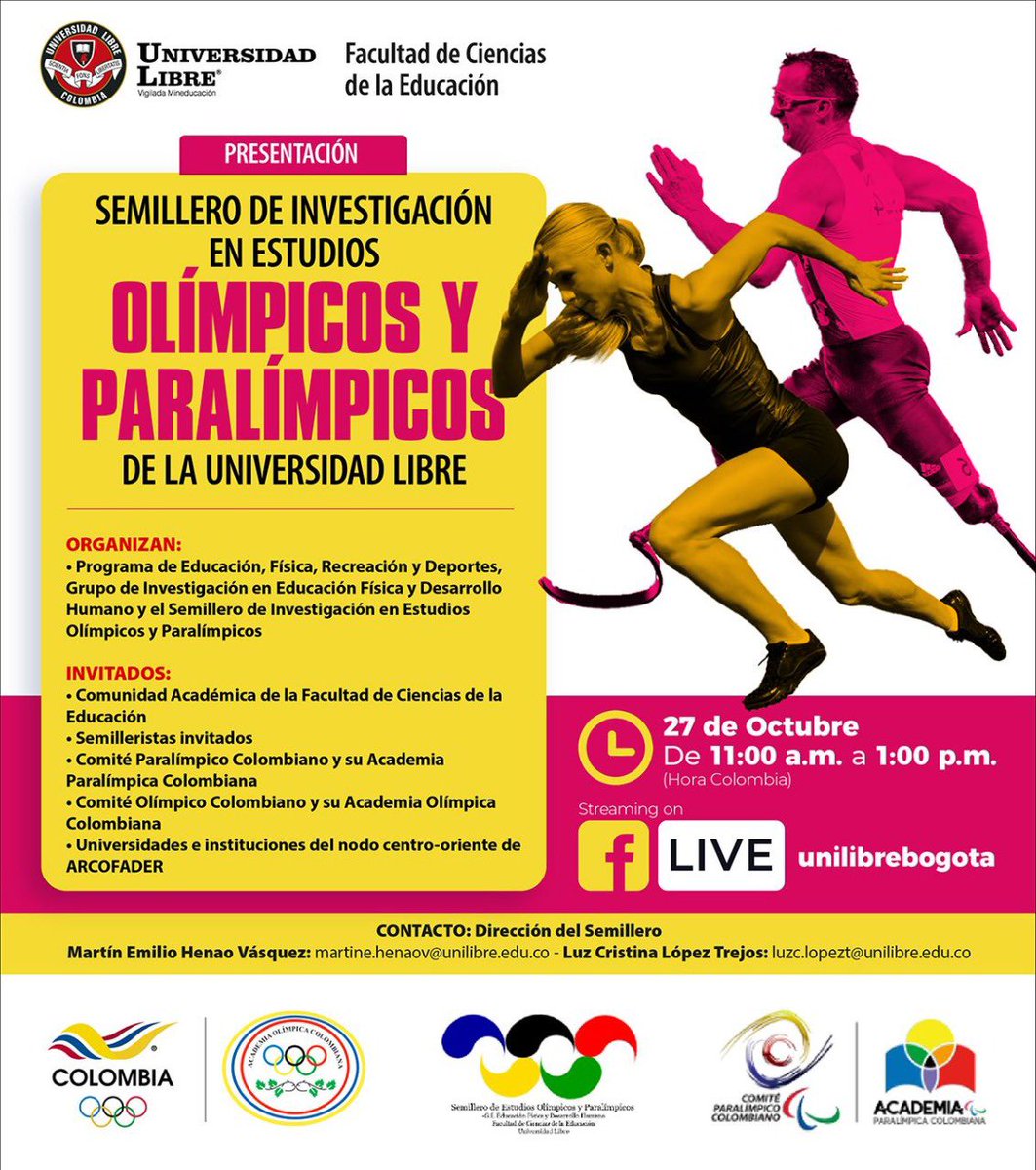 Comité Paralímpico Colombiano (@colparalimpico) on Twitter photo 👏🏼😍 Celebramos la presentación del semillero de investigación en estudios olímpicos y paralímpicos de la <a href="/Unilibrebog/">Universidad Libre</a>
Conéctate con el facebook live para conocer más de la unión de academia y deporte 👉🏻 facebook.com/unilibrebogota… 👏🏼😍 Celebramos la presentación del semillero de investigación en estudios olímpicos y paralímpicos de la <a href="/Unilibrebog/">Universidad Libre</a>
Conéctate con el facebook live para conocer más de la unión de academia y deporte 👉🏻 facebook.com/unilibrebogota…