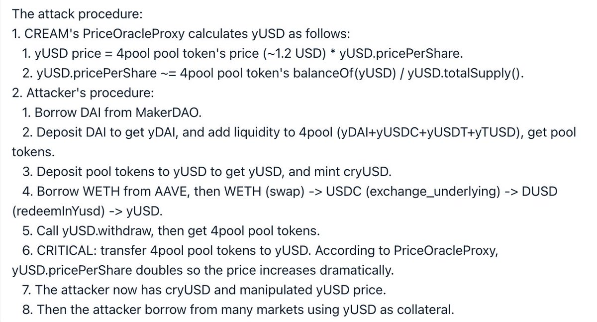 Our initial analysis of the Cream Finance attack:

tx.blocksecteam.com/tx/0x0fe254207…

<a href="/Mudit__Gupta/">Mudit Gupta</a> <a href="/banteg/"></a>  <a href="/CreamdotFinance/">Cream Finance 🍦</a>