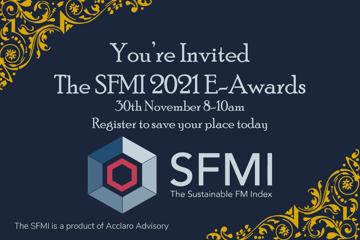 We are excited to announce the SFMI 2021 E-Awards will be taking place on the 30th November 8.00-10.00am.
Join the discussion to find out who this year's top Sustainable FM providers are. #FM #facilitiesmanagement 
To register for the event click here ow.ly/vzKX50Gzbjq