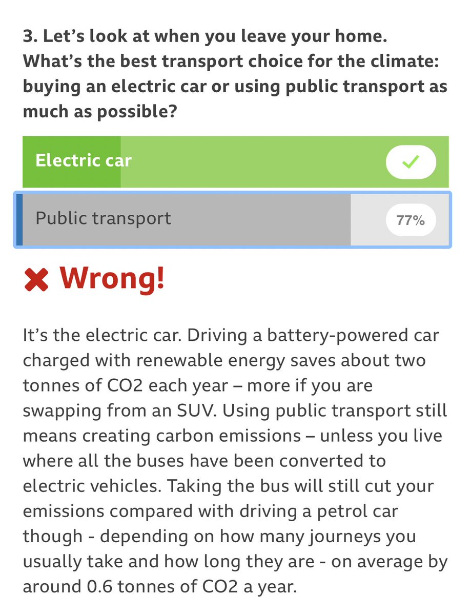 THREAD: Remember the BBC climate quiz which claimed that driving an EV was better for the climate than using public transport?

It has had to be amended after researchers behind the study the BBC referenced wrote in to highlight concerns the data was being misinterpreted.