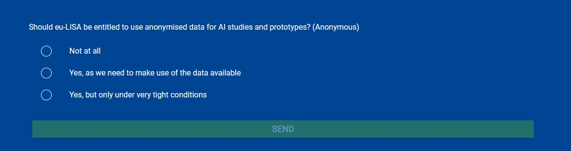 euLISAconf's tweet photo. Don't forget about our third and final poll querying the use of anonymised data for #AI studies and prototypes
#DigitalSchengen #eulisaconference #EU2021SI #ASaferEurope https://t.co/NeoKXL8c0w