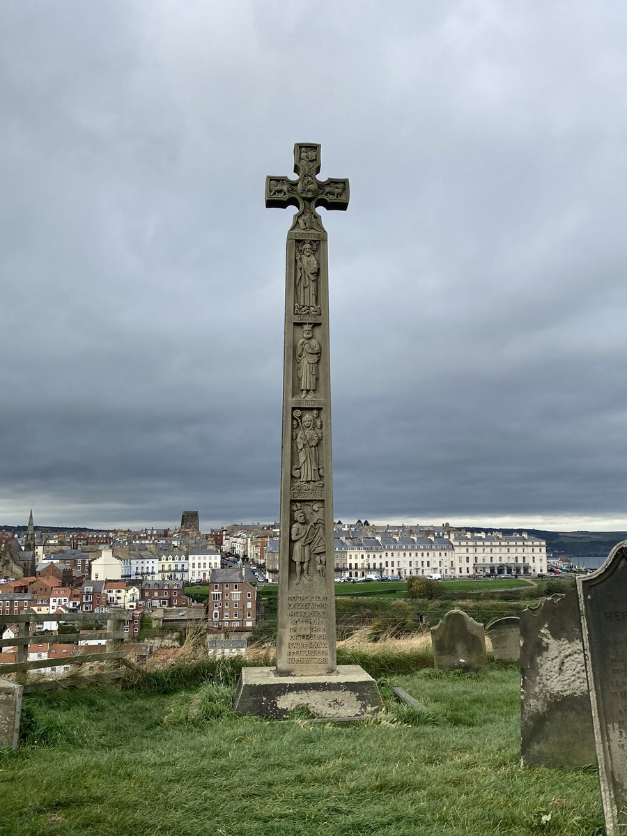 MdQuidt's tweet photo. Celebrating St Hild who founded #whitbyabbey 657 for men and women; hosted Synod in 664; supported Caedmon to write contemporary worship music, and sing of God’s Creation; early cross in Abbey and Celtic memorial to Caedmon outside #PraiseHim https://t.co/qVYScfJC4b