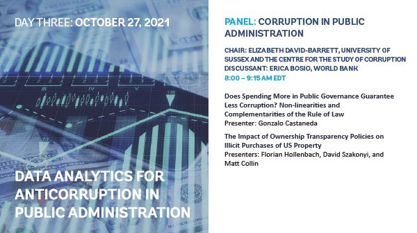 wbg_gov's tweet photo. Day THREE of the #DAAPA Symposium on #Data Analytics and #Anticorruption begins in 10 MINUTES! 

Our 1st session of the day begins by discussing #Corruption in Public Administration

Follow this thread today for updates and to engage with us ⬇️⬇️
https://t.co/sP8e7EGaHH https://t.co/DwXk5RuRbM