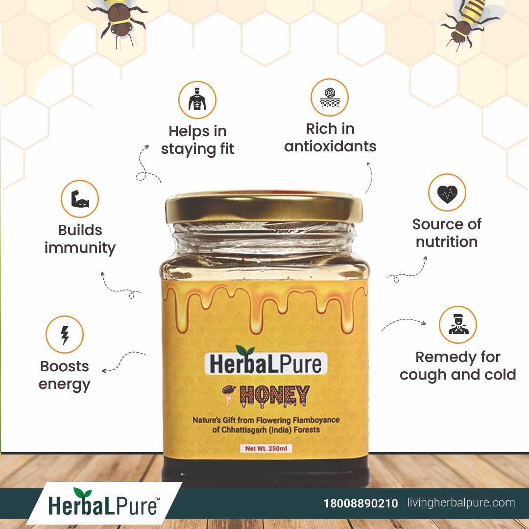 herbalpure2's tweet photo. The golden nectar is sourced from hives nestled in the deep forests of Chhattisgarh. It is a superfood containing naturally occurring minerals, vitamins, and natural nutrients. 
#HerbalPure #Honey #Immunity #Health #Awareness https://t.co/e8c5m80DIJ