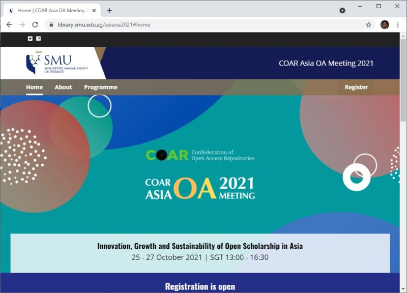 faizar's tweet image. COAR Asia Open Access Meeting 2021
Open Access Week Events 
library.smu.edu.sg/asiaoa2021
#openaccess #OpenAccessWeek #oaweek2020 #OpenScience   @MOSP_Malaysia @oawjp @OpenAccessGov