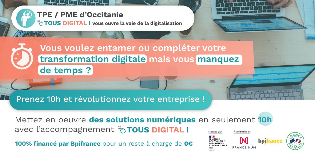 ⭐️TPE / PME d'#Occitanie : Vous souhaitez intégrer des solutions numériques au sein de votre entreprise mais manquez de temps ? ⏳Et s'il vous suffisait de seulement 10h00 ? 🔍

Boostez votre entreprise en seulement 10h grâce à l'accompagnement TOUS DIGITAL ! 🚀 #transfodigitale