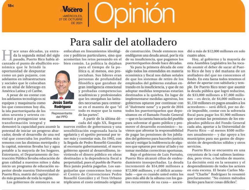 PR dio un paso para salir del atolladero, al reducir, de $4,000M a $1,150M el pago anual de la deuda. Esto permitirá pagar $1,900 millones en pensiones al año, $500 para UPR, reorganizar nuestras finanzas y enfocar en desarrollo económico. Lee mi opinión en El Vocero y La Semana.