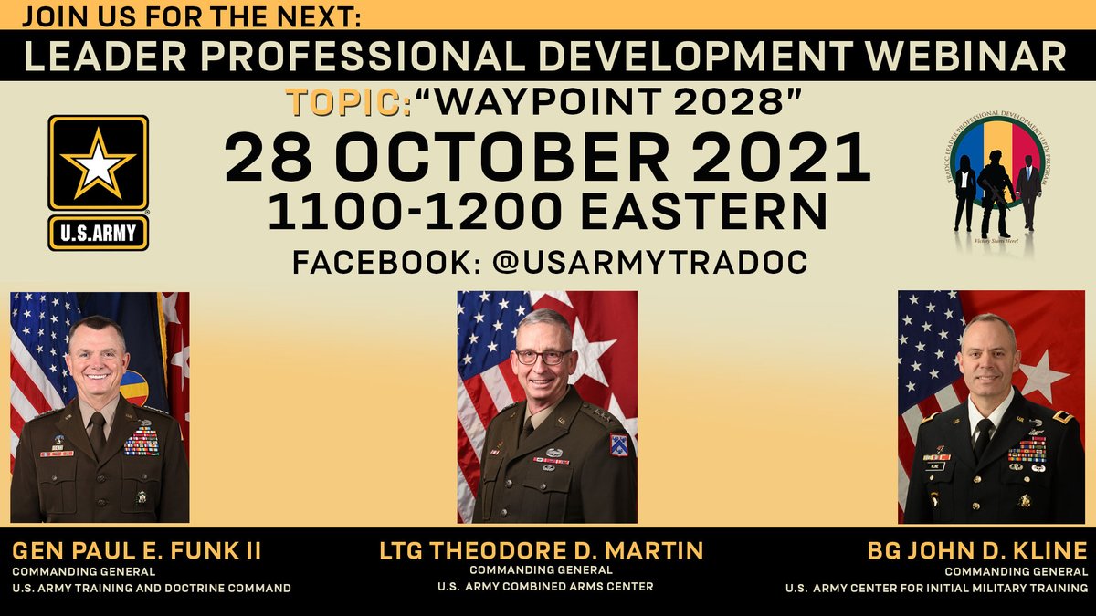 U.S. Army TRADOC (@tradoc) on Twitter photo ⭐⭐⭐⭐ SURPRISE ⭐⭐⭐⭐
We will now have 8 stars in tomorrows LIVE LPD featuring <a href="/PaulFunk2/">GEN Paul E. Funk II</a>, <a href="/TedMartin1775/">Ted Martin</a>, & now <a href="/johnklinearmy/">John D Kline</a> at 11AM EST on @USARMYTRADOC's Facebook page! We can't wait to see all who tune in! 💻📱
#VictoryStartsHere #LPD #LeadershipDevelopment
<a href="/USArmy/">U.S. Army</a> ⭐⭐⭐⭐ SURPRISE ⭐⭐⭐⭐
We will now have 8 stars in tomorrows LIVE LPD featuring <a href="/PaulFunk2/">GEN Paul E. Funk II</a>, <a href="/TedMartin1775/">Ted Martin</a>, & now <a href="/johnklinearmy/">John D Kline</a> at 11AM EST on @USARMYTRADOC's Facebook page! We can't wait to see all who tune in! 💻📱
#VictoryStartsHere #LPD #LeadershipDevelopment
<a href="/USArmy/">U.S. Army</a>
