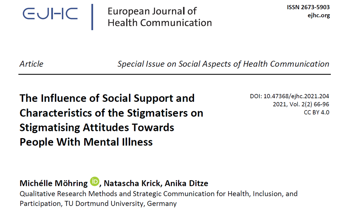 We just published a new #OpenAccess article by Möhring et al. about the influence of social support on stigmatising attitudes towards people with mental illness: doi.org/10.47368/ejhc.…

This completes our special issue on Social Aspects of #HealthCommunication