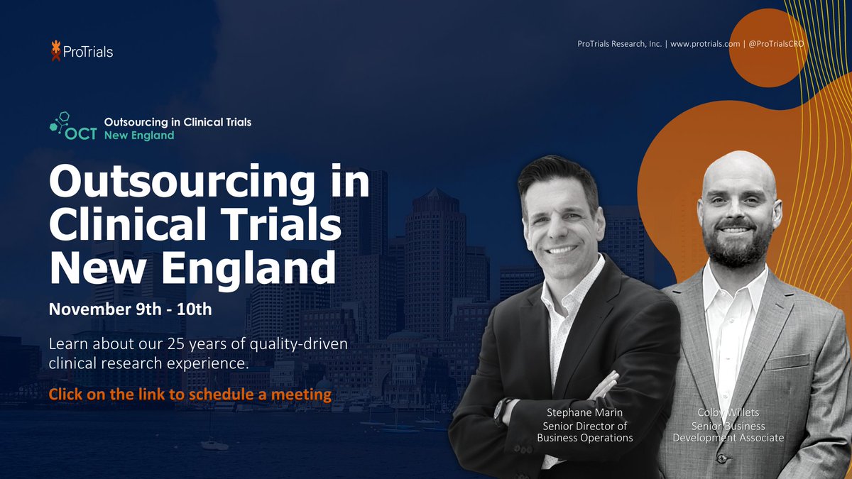 ProtrialsCRO's tweet photo. Are you attending @ArenaIntOCT's Outsourcing in Clinical Trials #NewEngland on November 9th -10th? Learn about our 25 years of quality-driven clinical research experience.
Click on the link to schedule a meeting.
https://t.co/o5tJI1aqOc
#ClinicalConference #OCTNewEngland https://t.co/ttK8YvSWVx