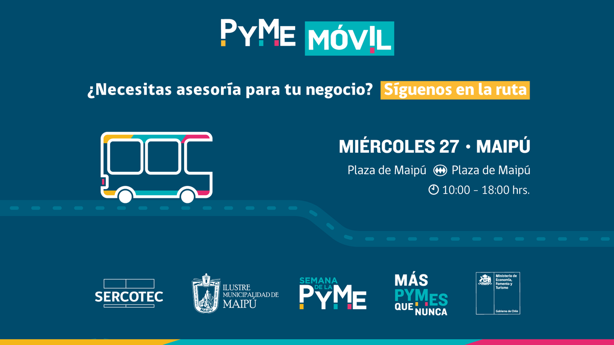 ¿Quieres empezar un emprendimiento? ¿No sabes por dónde comenzar? ¡Acércate a nuestro #PymeMóvil🚗!

Te esperamos en la Plaza de Maipú, a unos metros de la estación del mismo nombre desde las 10:00 hasta las 18:00 horas.