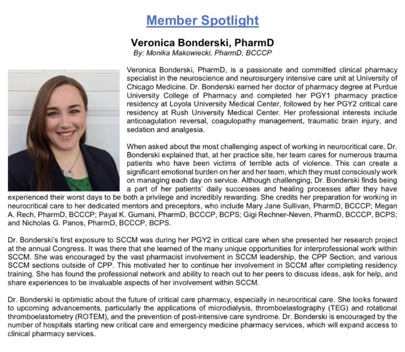 UChicagoMedRx's tweet photo. Check out our Neuro ICU Pharmacist, Dr. Veronica Bonderski @VeronicaBPharmD, who was highlighted in the @SCCM Newsletter this month! We are so grateful to have her on our team!

@NeuroUcmc @UChicago_Neuro @UChiNSci @uchicagosurgery 

#TwitteRx #PharmRes https://t.co/561Pb69tbA