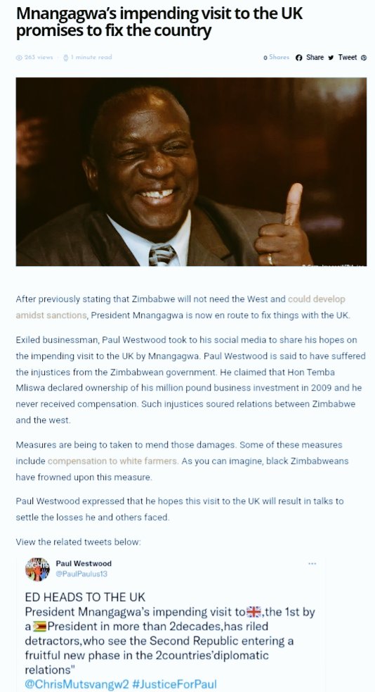 PaulPaulus13's tweet photo. Mnangagwa🇿🇼 Elated By Upcoming🇬🇧Trip
https://t.co/SiwuBkfn4x
#Chatunga alleged #Mliswa "has been surviving on share of loots from grabbing of farms&properties belonging to prominent🇿🇼people #Mliswa stands accused of bringing several companies down after allegations of extortion" https://t.co/jz66RuIFCG