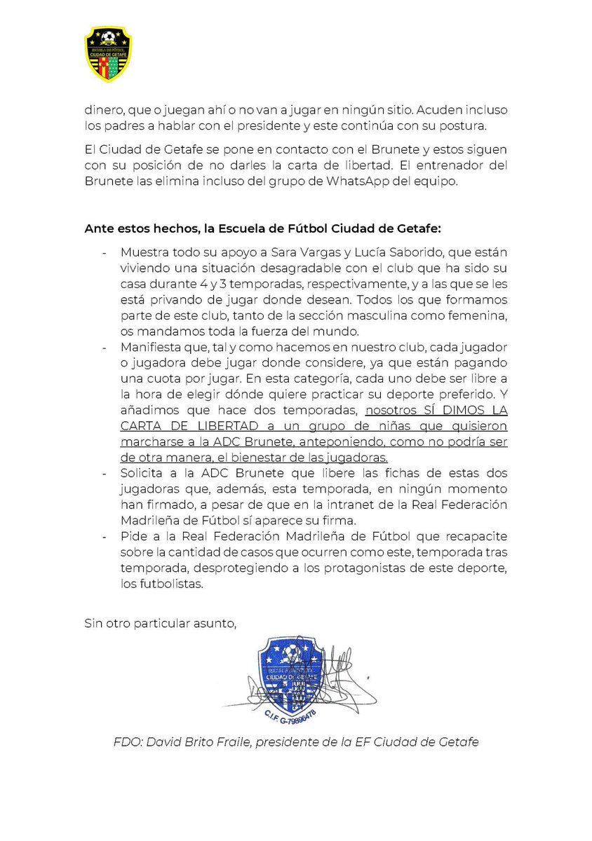 COMUNICADO OFICIAL | Caso Lucía Saborido y Sara Vargas - <a href="/BruneteAdc/">adc brunete</a>

➡️Solicitamos a la ADC Brunete que den la carta de libertad a Lucía y Sara y que puedan jugar donde ellas desean hacerlo.

¡Contáis con todo nuestro apoyo! ¡Mucha fuerza, chicas! 💪🏻

<a href="/aytogetafe/">Ayuntamiento Getafe</a> <a href="/sara_heba/">Sara Hernández</a>