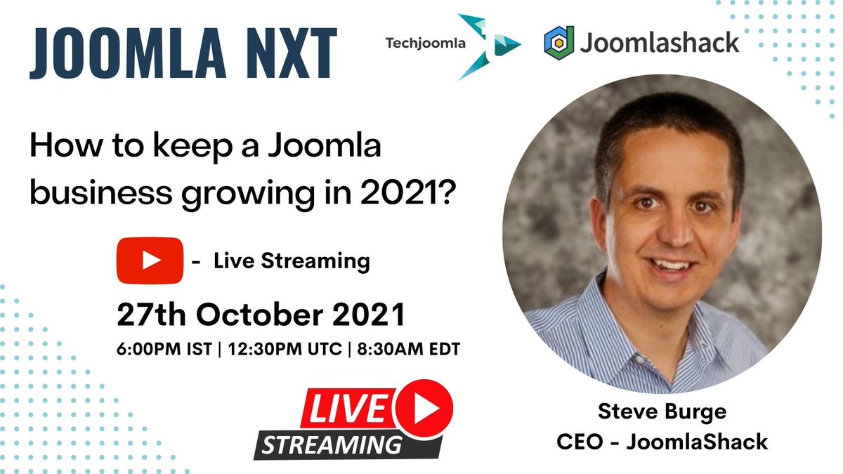 techjoomla's tweet photo. We will be LIVE soon... Watch the Youtube live stream event to get insights from the CEO of @JoomlaShack @SteveBurge who will be speaking at the Joomla NXT event. Click here... https://t.co/88iKdd1OU3
#Joomla #Joomlashack #CMS #website #event https://t.co/QJGDBmMXuO